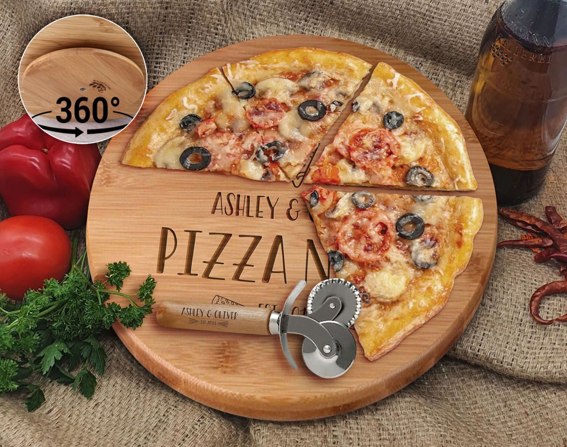 BK Gift Kişiye Özel İsimli Tarihli Bambu Ahşap Döner Tablalı Pizza Tahtası-2, Pizza Kesme Tahtası Seti, Şarküteri Tahtası, Servis Tepsisi, Ahşap Tabak, Eve Taşınma Hediyesi