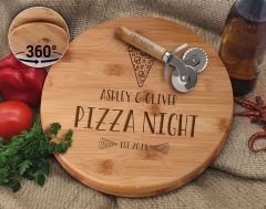 BK Gift Kişiye Özel İsimli Tarihli Bambu Ahşap Döner Tablalı Pizza Tahtası-2, Pizza Kesme Tahtası Seti, Şarküteri Tahtası, Servis Tepsisi, Ahşap Tabak, Eve Taşınma Hediyesi