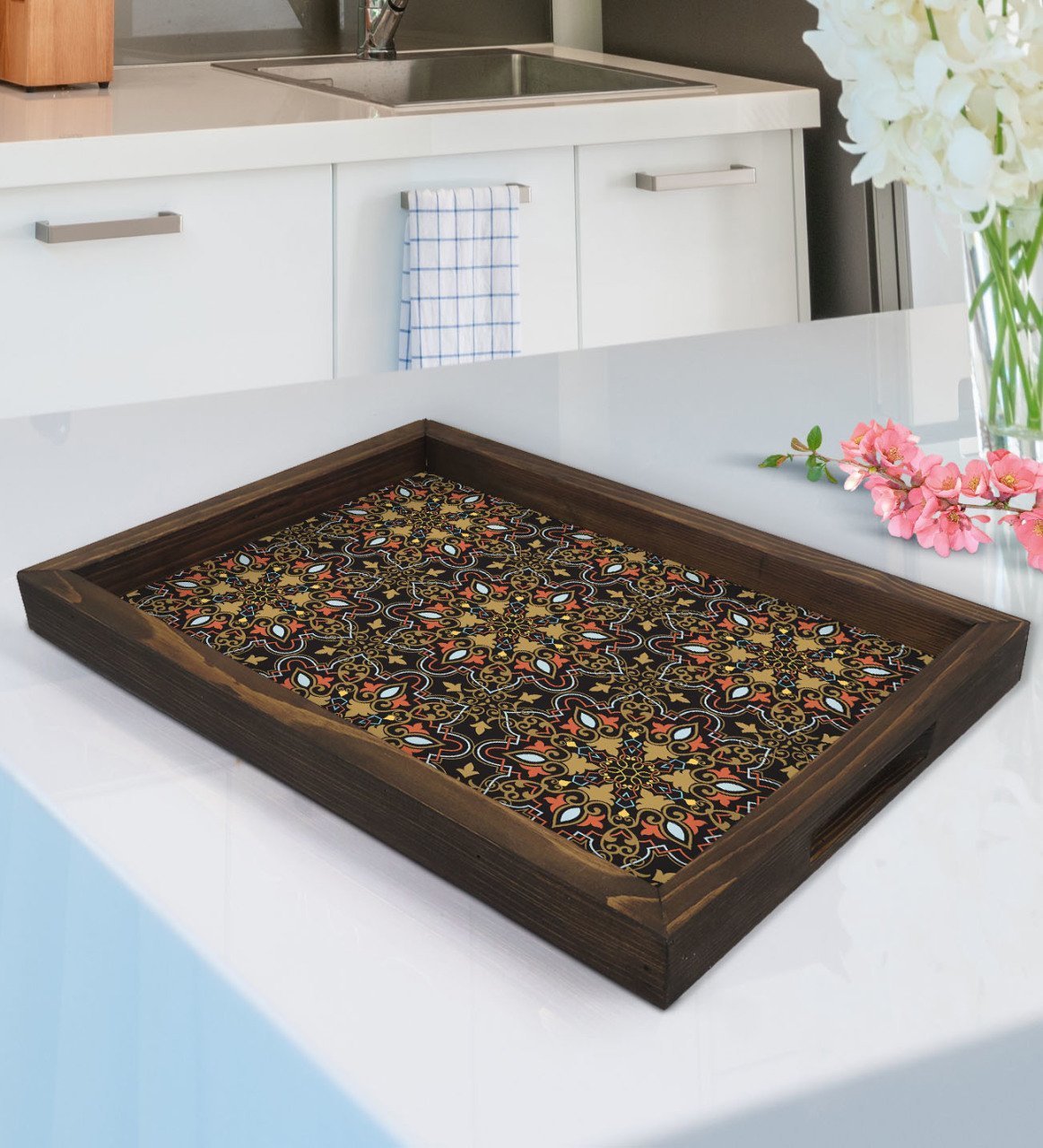 BK Gift Retro Motif Tasarımlı Doğal Ahşap Tepsi-12