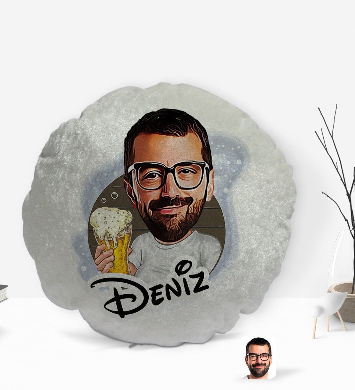 Kişiye Özel İsimli Erkek Karikatürlü Yuvarlak Dekoratif Kırlent Yastık-51