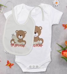 BK Kids Sevimli Ayı Tasarımlı Bebek Body Zıbın ve Mama Önlüğü Hediye Seti - Model 1