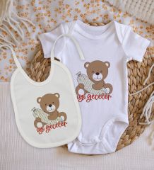 BK Kids Sevimli Ayı Tasarımlı Bebek Body Zıbın ve Mama Önlüğü Hediye Seti - Model 1