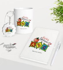 Kişiye Özel Anaokulu Öğretmeni Kupa Anahtarlık Beyaz Defter Kalem Hediye Seti-1