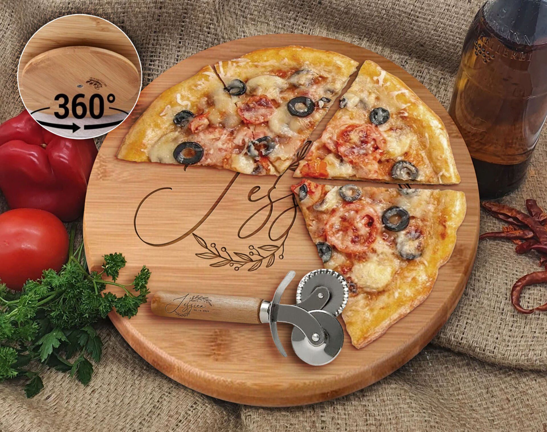 BK Gift Kişiye Özel İsimli Tarihli Bambu Ahşap Döner Tablalı Pizza Tahtası-1, Pizza Kesme Tahtası Seti, Şarküteri Tahtası, Servis Tepsisi, Ahşap Tabak, Eve Taşınma Hediyesi