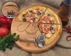 BK Gift Kişiye Özel İsimli Tarihli Bambu Ahşap Döner Tablalı Pizza Tahtası-1, Pizza Kesme Tahtası Seti, Şarküteri Tahtası, Servis Tepsisi, Ahşap Tabak, Eve Taşınma Hediyesi