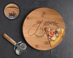 BK Gift Kişiye Özel İsimli Tarihli Bambu Ahşap Döner Tablalı Pizza Tahtası-1, Pizza Kesme Tahtası Seti, Şarküteri Tahtası, Servis Tepsisi, Ahşap Tabak, Eve Taşınma Hediyesi