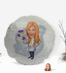 Kişiye Özel Kadın Chef Karikatürlü Yuvarlak Dekoratif Kırlent Yastık-2