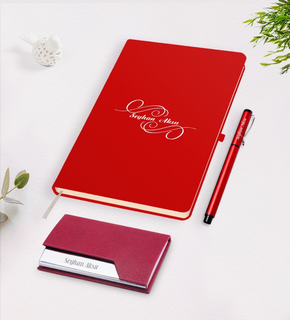 Kişiye Özel İsimli Kırmızı Defter Kalem Kartvizitlik Hediye Seti-3