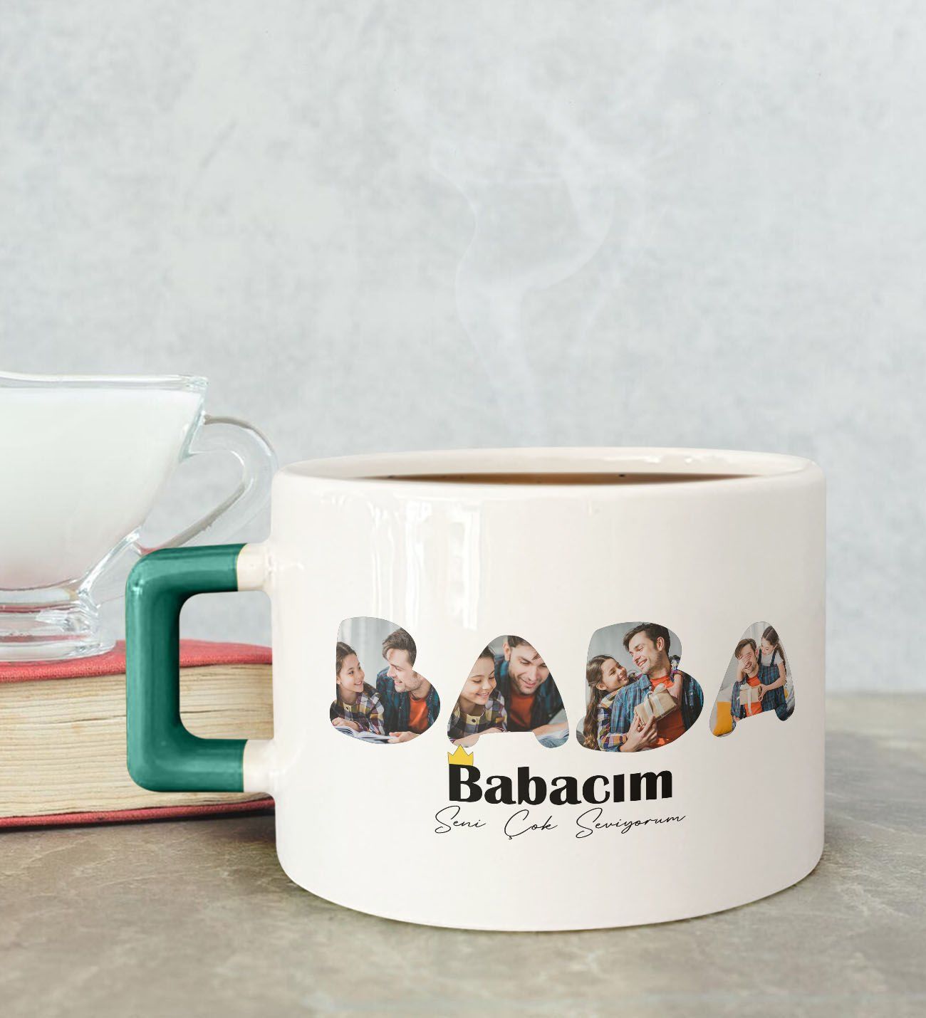 BK Gift Kişiye Özel Fotoğraflı Babalar Günü Tasarımlı Yeşil Kulplu Çay & Kahve Fincanı-1, Babaya Hediye, Babalar Günü Hediyesi