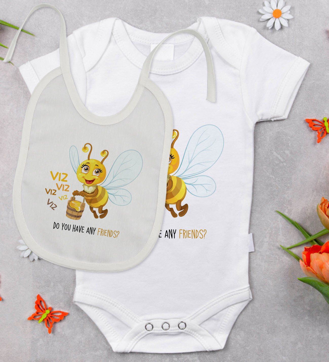 BK Kids Sevimli Arı Tasarımlı Bebek Body Zıbın ve Mama Önlüğü Hediye Seti - Model 1