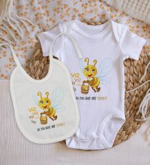 BK Kids Sevimli Arı Tasarımlı Bebek Body Zıbın ve Mama Önlüğü Hediye Seti - Model 1