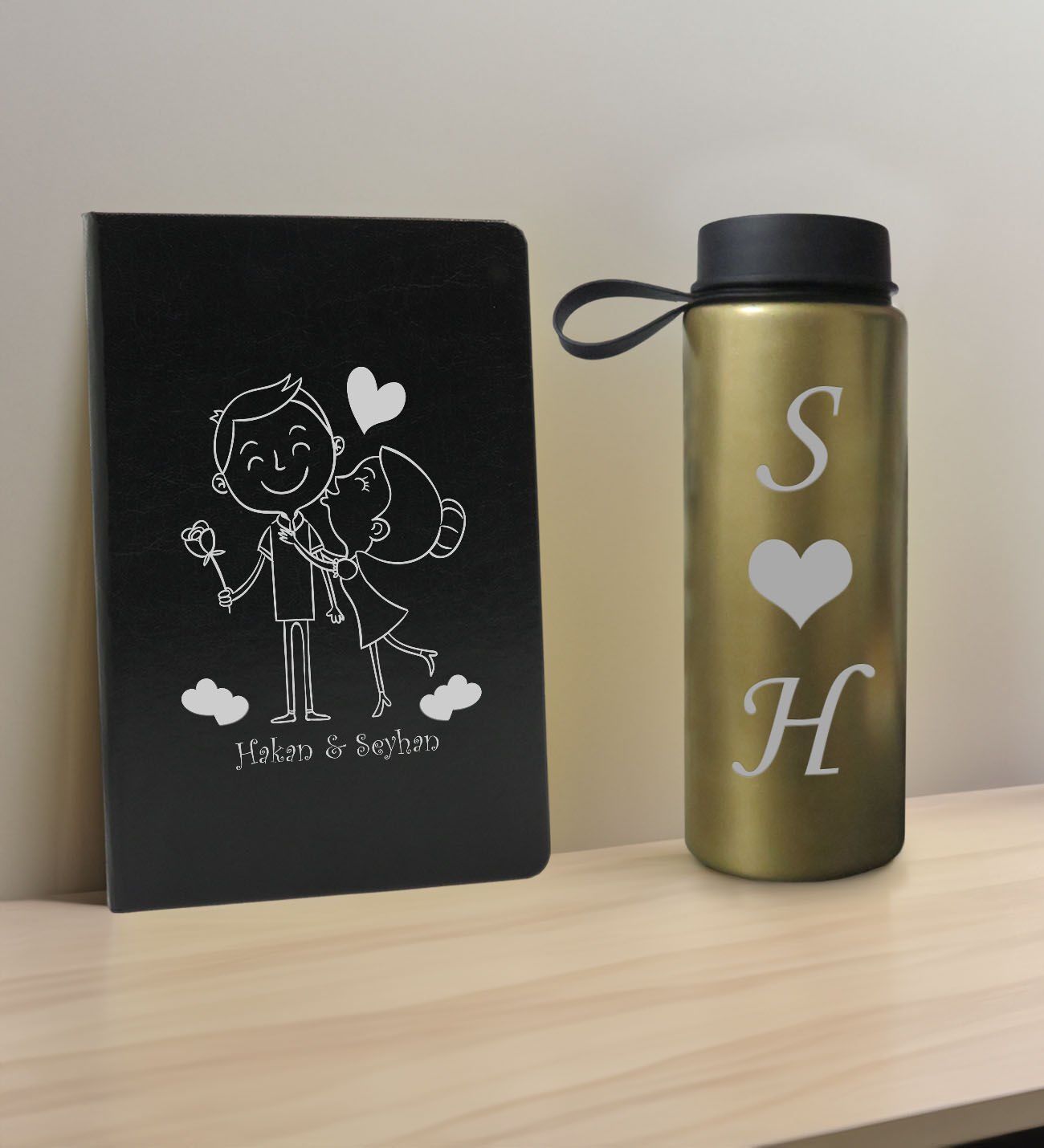 BK Gift Sevgiliye Özel İsimli Siyah Defter ve Gold Cam Matara Hediye Seti-4, Sevgiliye Hediye, Sevgililer Günü, Yeni İş Hediyesi