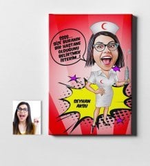 Kişiye Özel Bayan Hemşire Karikatür Kanvas Tablo (50 x 70 cm.) 1