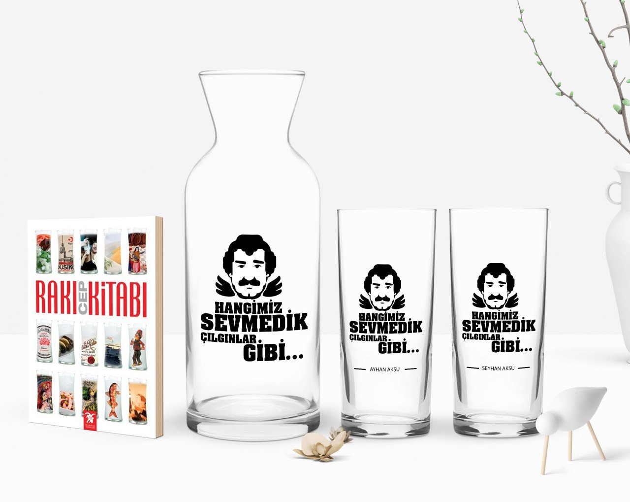 Kişiye Özel Renkli Baskılı Hangimiz Sevmedik Çılgınlar Gibi Tasarımlı İkili Rakı Bardağı Karaf ve Cep Kitabı Hediye Seti-4