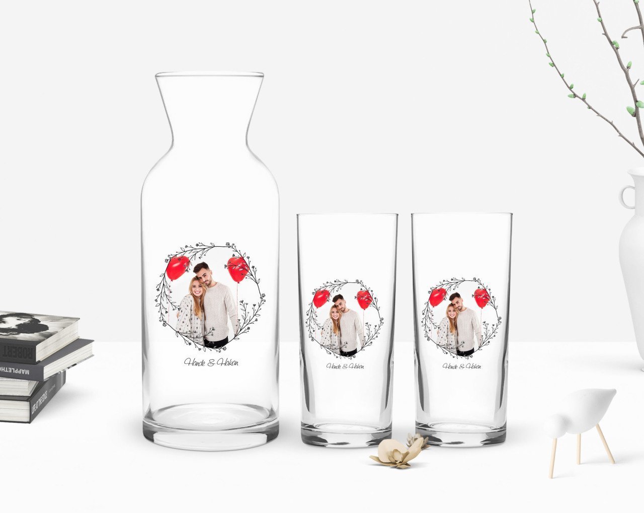 Kişiye Özel Renkli Baskılı İsimli Fotoğraflı İkili Rakı Bardağı ve Karaf Hediye Seti-26