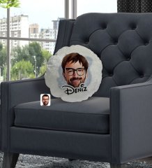 Kişiye Özel İsimli Erkek Yüz Karikatürlü Yuvarlak Dekoratif Kırlent Yastık-1