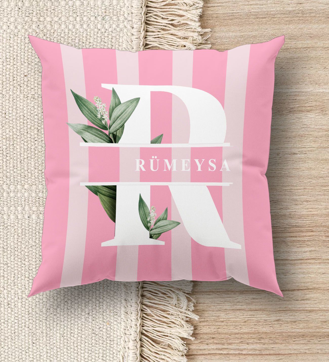 BK Gift Kişiye Özel İsimi Premium Kumaş Pembe Beyaz Kırlent Yastık, Ev Hediyesi, Ev Dekorasyonu, Kişiselleştirilmiş Yastık, Dekoratif Hediye-1