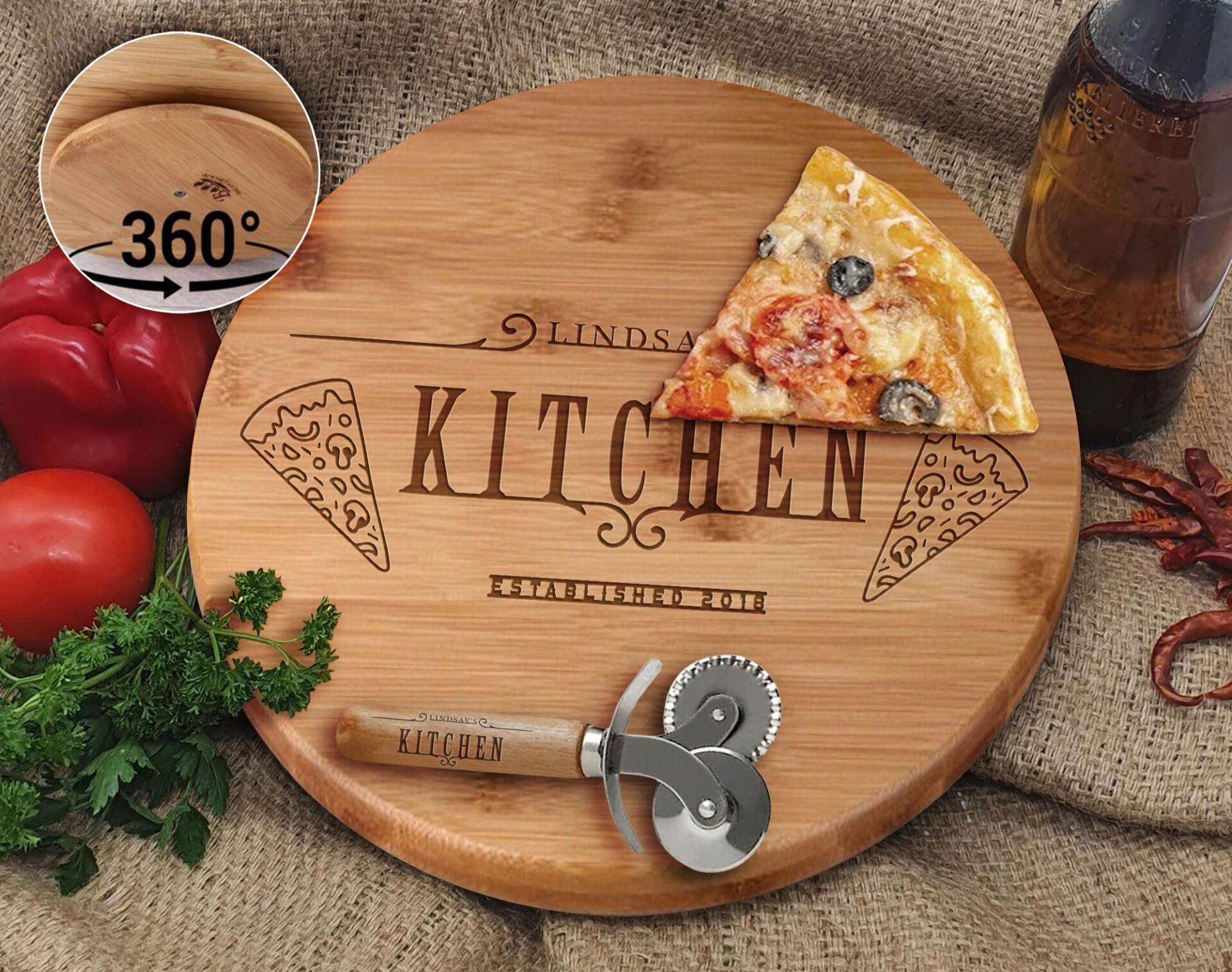 BK Gift Kişiye Özel İsimli Bambu Ahşap Döner Tablalı Pizza Tahtası-11, Pizza Kesme Tahtası Seti, Şarküteri Tahtası, Servis Tepsisi, Ahşap Tabak, Eve Taşınma Hediyesi