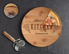 BK Gift Kişiye Özel İsimli Bambu Ahşap Döner Tablalı Pizza Tahtası-11, Pizza Kesme Tahtası Seti, Şarküteri Tahtası, Servis Tepsisi, Ahşap Tabak, Eve Taşınma Hediyesi