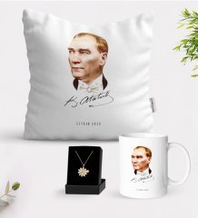 Kişiye Özel Atatürk Temalı Beyaz Kupa Yastık ve İsimli Papatya Kolye Hediye Seti-15