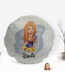 Kişiye Özel İsimli Kadın Karikatürlü Yuvarlak Dekoratif Kırlent Yastık