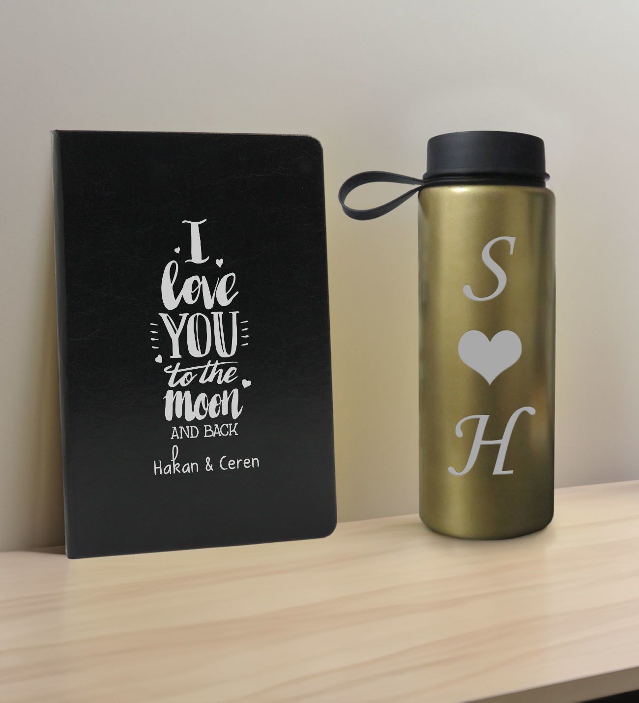 BK Gift Sevgiliye Özel İsimli Siyah Defter ve Gold Cam Matara Hediye Seti-2, Sevgiliye Hediye, Sevgililer Günü, Yeni İş Hediyesi