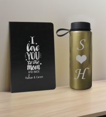 BK Gift Sevgiliye Özel İsimli Siyah Defter ve Gold Cam Matara Hediye Seti-2, Sevgiliye Hediye, Sevgililer Günü, Yeni İş Hediyesi