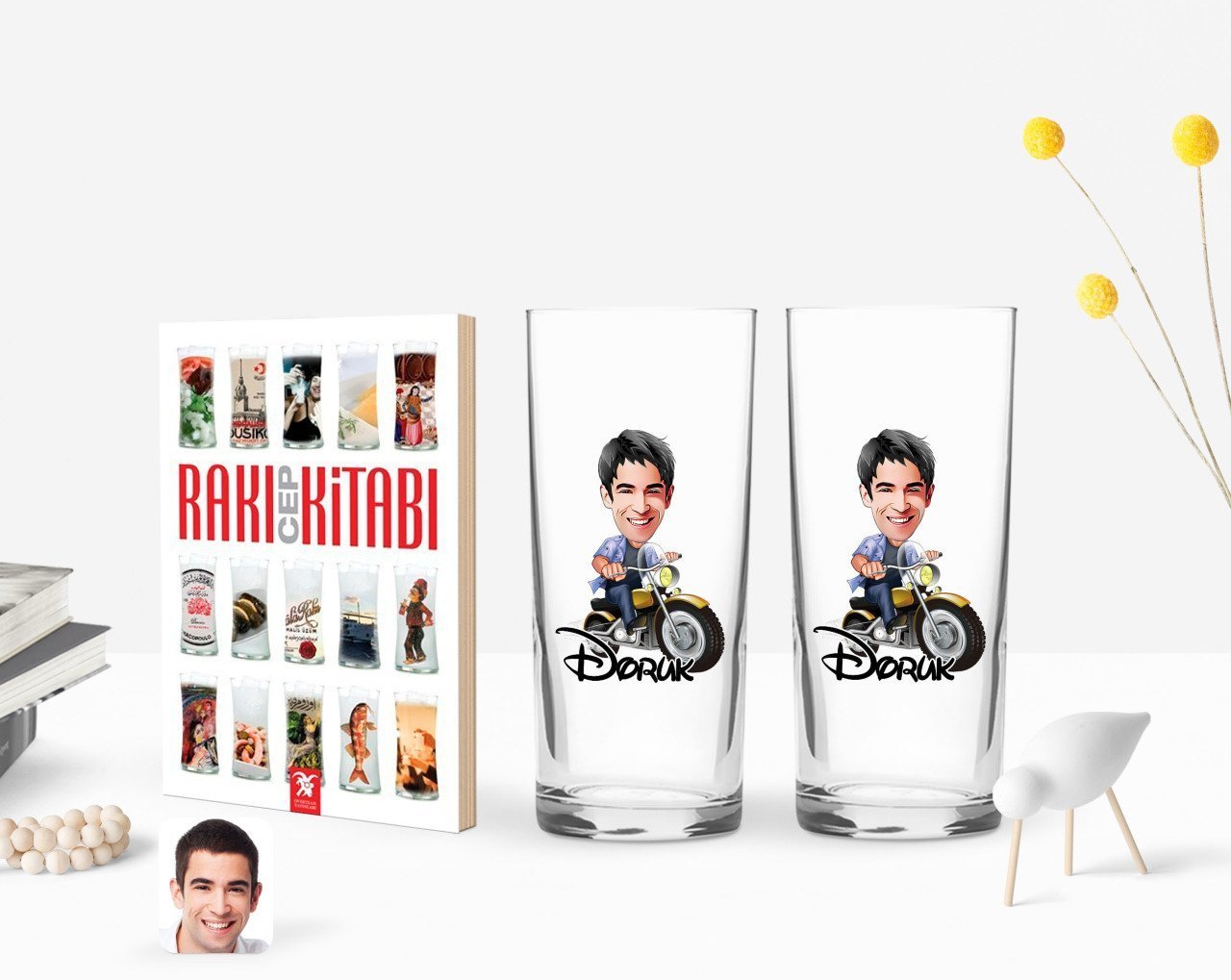 Kişiye Özel Renkli Baskılı Erkek Karikatürlü İkili Rakı Bardağı ve Rakı Cep Kitabı Hediye Seti-54