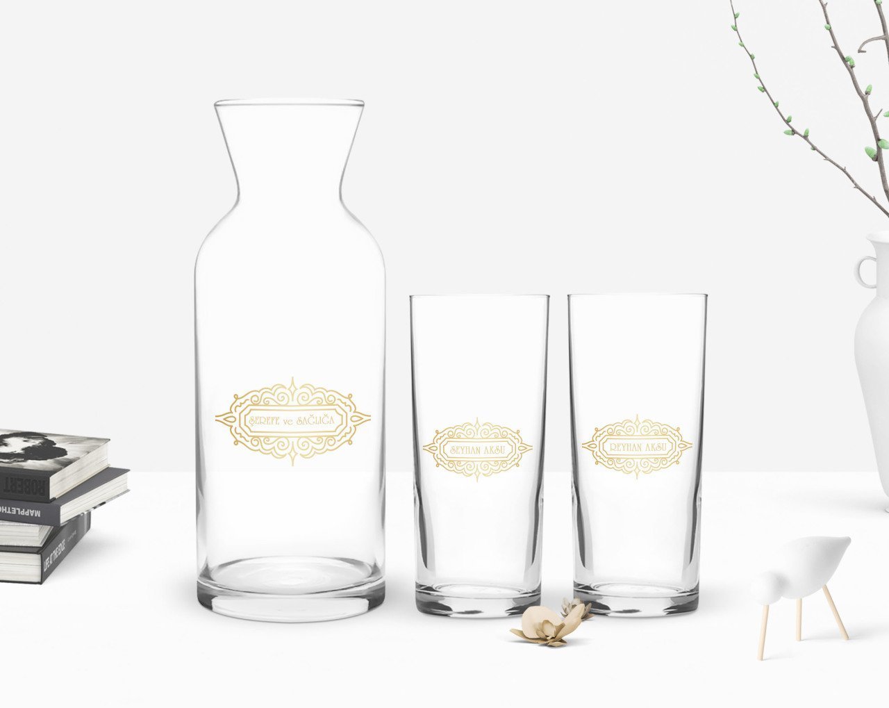 Kişiye Özel Renkli Baskılı Şerefe ve Sağlığa Tasarımlı İkili Rakı Bardağı ve Karaf Hediye Seti