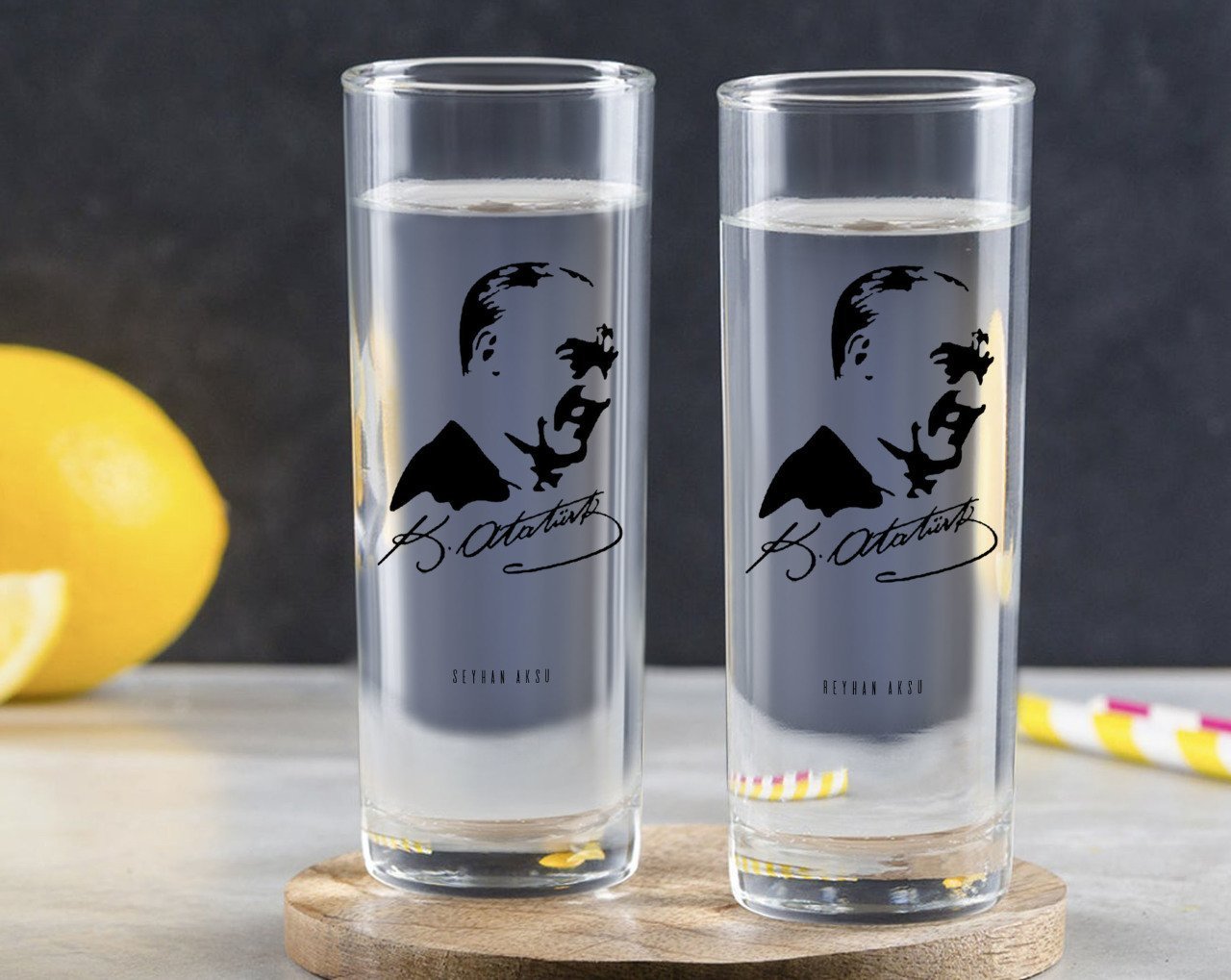 Kişiye Özel Renkli Baskılı Atatürk Temalı İkili Vodka Bardağı-26
