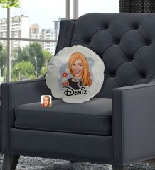 Kişiye Özel İsimli Kadın Karikatürlü Yuvarlak Dekoratif Kırlent Yastık-51