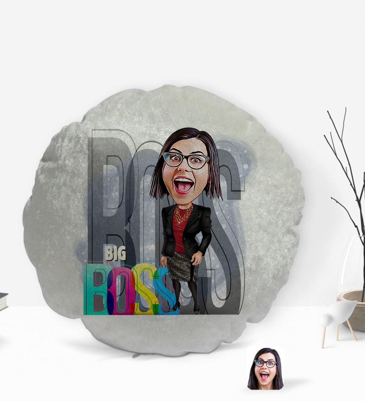 Kişiye Özel Kadın Big Boss Karikatürlü Yuvarlak Dekoratif Kırlent Yastık-1