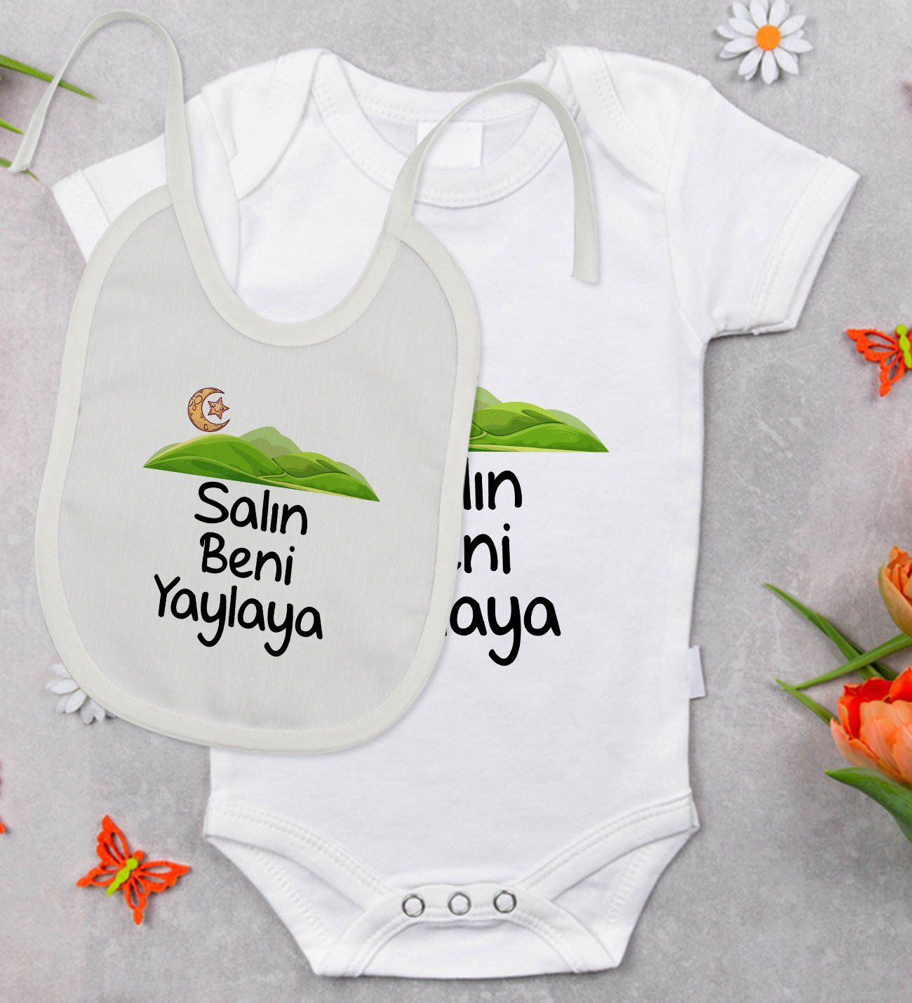 BK Kids Salın Beni Yaylaya Tasarımlı Bebek Body Zıbın ve Mama Önlüğü Hediye Seti - Model 1