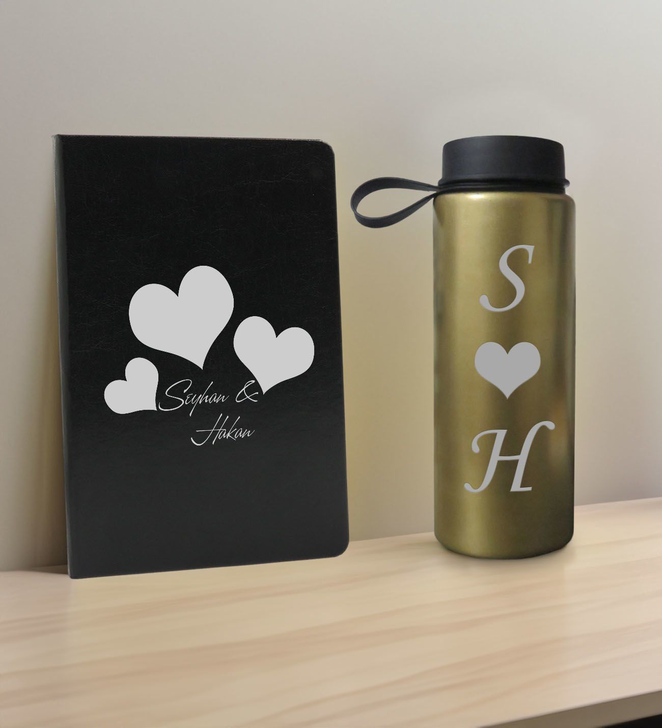 BK Gift Sevgiliye Özel İsimli Siyah Defter ve Gold Cam Matara Hediye Seti-1, Sevgiliye Hediye, Sevgililer Günü, Yeni İş Hediyesi