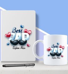 Kişiye Özel Best Dad Tasarımlı Beyaz Defter Kalem ve Kupa Seti-3