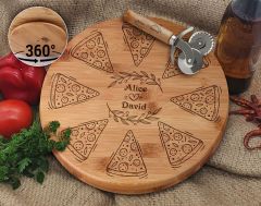 BK Gift Kişiye Özel İsimli Bambu Ahşap Döner Tablalı Pizza Tahtası-9, Pizza Kesme Tahtası Seti, Şarküteri Tahtası, Servis Tepsisi, Ahşap Tabak, Eve Taşınma Hediyesi