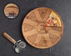 BK Gift Kişiye Özel İsimli Bambu Ahşap Döner Tablalı Pizza Tahtası-9, Pizza Kesme Tahtası Seti, Şarküteri Tahtası, Servis Tepsisi, Ahşap Tabak, Eve Taşınma Hediyesi