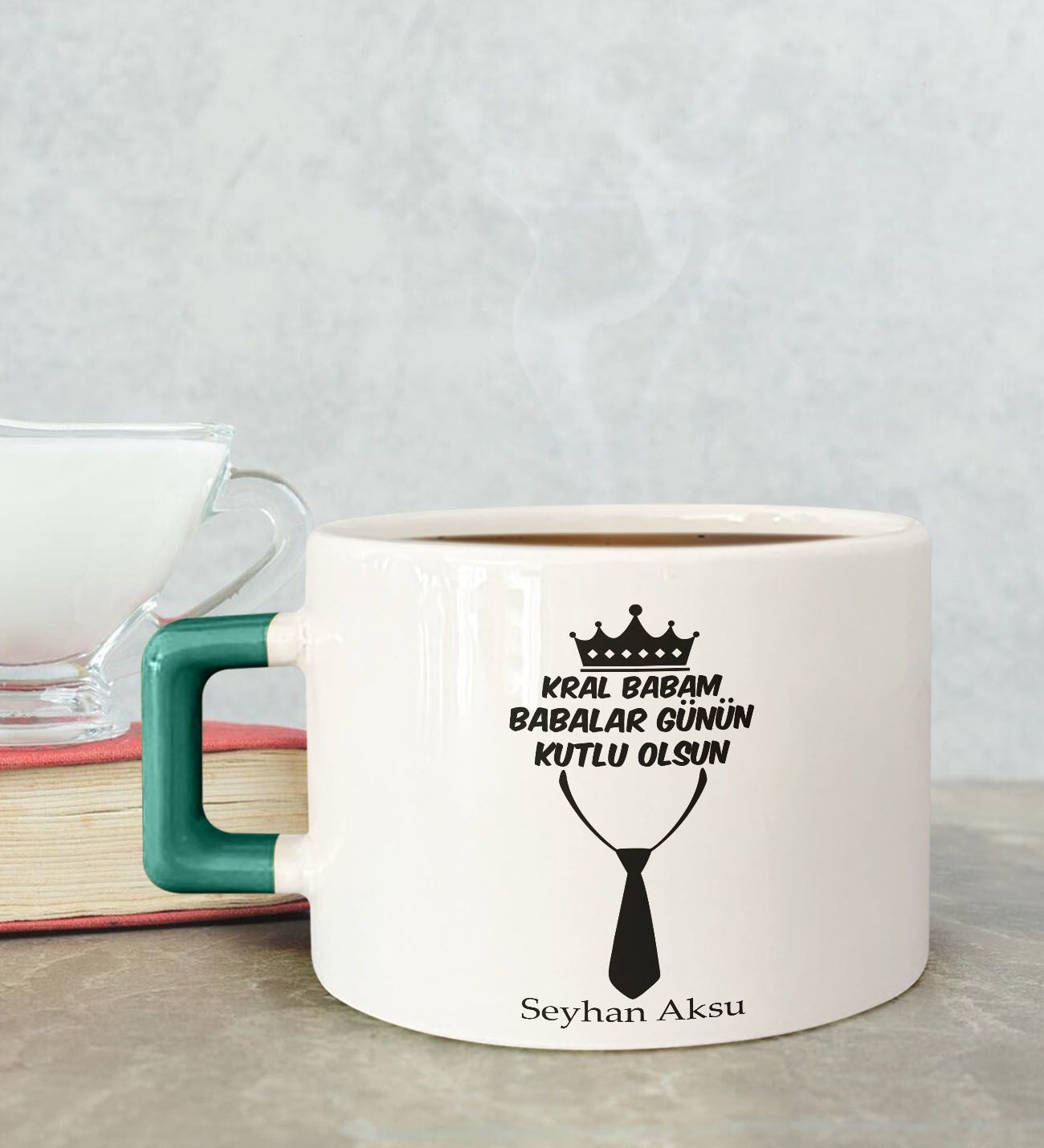 BK Gift Kişiye Özel Babalar Günü Tasarımlı Yeşil Kulplu Çay & Kahve Fincanı-12, Babaya Hediye, Babalar Günü Hediyesi