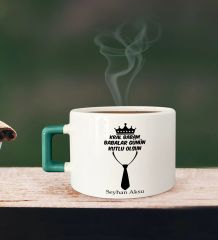 BK Gift Kişiye Özel Babalar Günü Tasarımlı Yeşil Kulplu Çay & Kahve Fincanı-12, Babaya Hediye, Babalar Günü Hediyesi