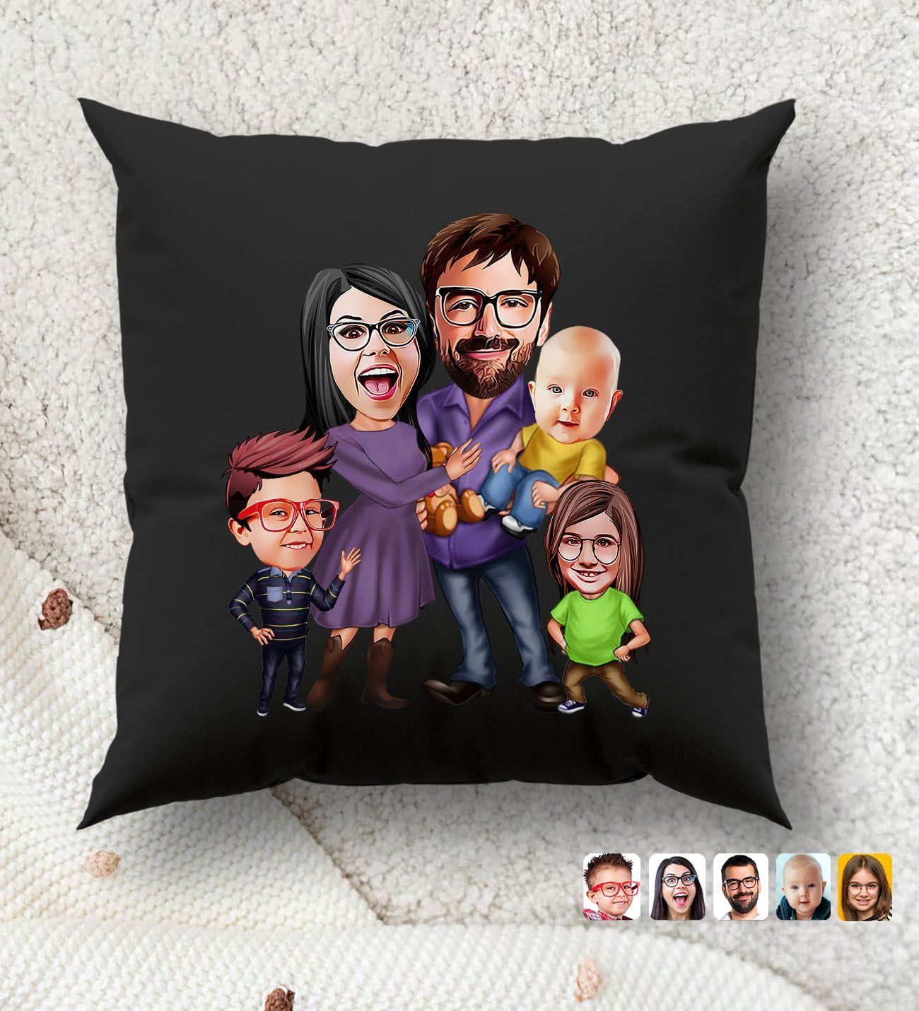 BK Gift Kişiye Özel Aile Karikatürlü Premium Kumaş Siyah Kırlent Yastık, Ev Hediyesi, Ev Dekorasyonu, Kişiselleştirilmiş Yastık, Dekoratif Hediye-6