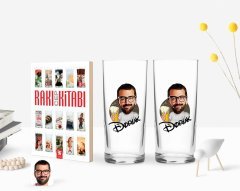 Kişiye Özel Renkli Baskılı Erkek Karikatürlü İkili Rakı Bardağı ve Rakı Cep Kitabı Hediye Seti-51