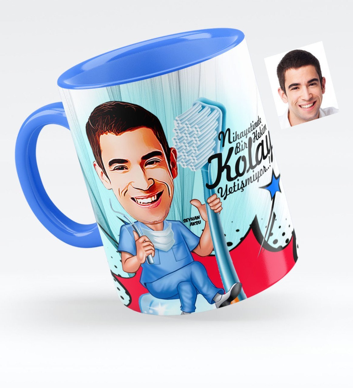 Kişiye Özel Bay Diş Hekimi Karikatürlü Mavi Kupa Bardak - 2