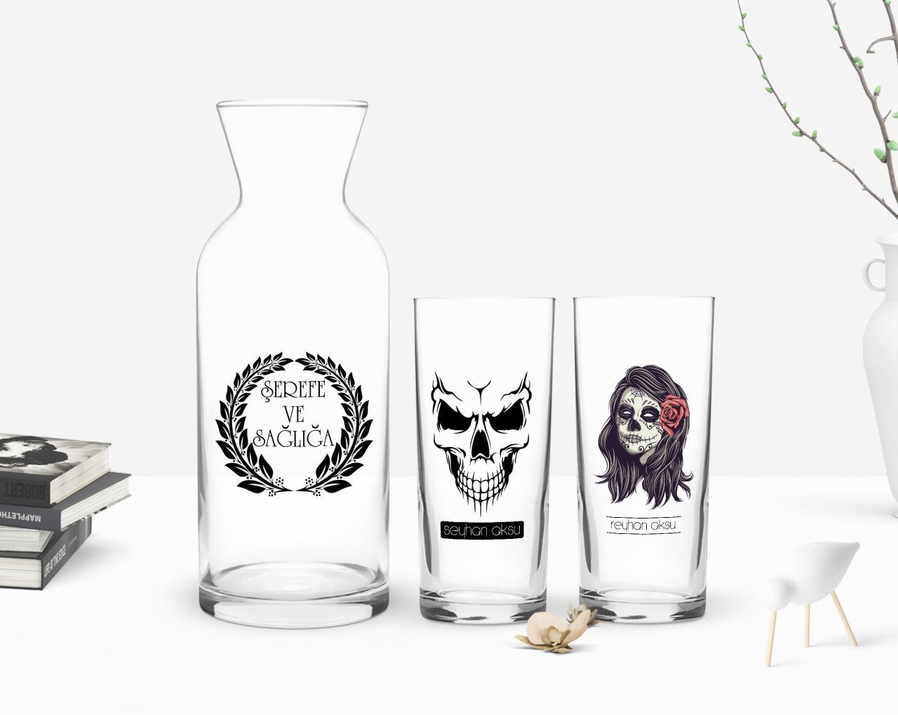 Kişiye Özel Renkli Baskılı Kurukafa Tasarımlı İkili Rakı Bardağı ve Karaf Hediye Seti-1