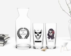 Kişiye Özel Renkli Baskılı Kurukafa Tasarımlı İkili Rakı Bardağı ve Karaf Hediye Seti-1