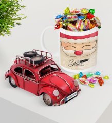 Kişiye Özel Noel Baba Plakalı Nostaljik Kırmızı Metal Vosvos ve Kupa Haribo Şeker Seti-6
