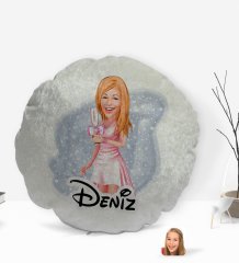 Kişiye Özel İsimli Kadın Karikatürlü Yuvarlak Dekoratif Kırlent Yastık-41
