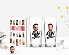 Kişiye Özel Renkli Baskılı Erkek Karikatürlü İkili Rakı Bardağı ve Rakı Cep Kitabı Hediye Seti-50