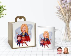 Kişiye Özel Ahşap Kutuda Anneler Günü Temalı Süper Anne ve Çocuk Karikatürlü Beyaz Kupa Bardak-1