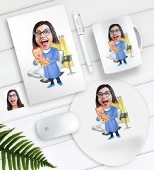 Kişiye Özel Bayan Doğum Uzmanı Karikatürlü Defter Kalem Kupa Mouse Pad Seti