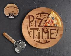 BK Gift Kişiye Özel İsimli Bambu Ahşap Döner Tablalı Pizza Tahtası-7, Pizza Kesme Tahtası Seti, Şarküteri Tahtası, Servis Tepsisi, Ahşap Tabak, Eve Taşınma Hediyesi